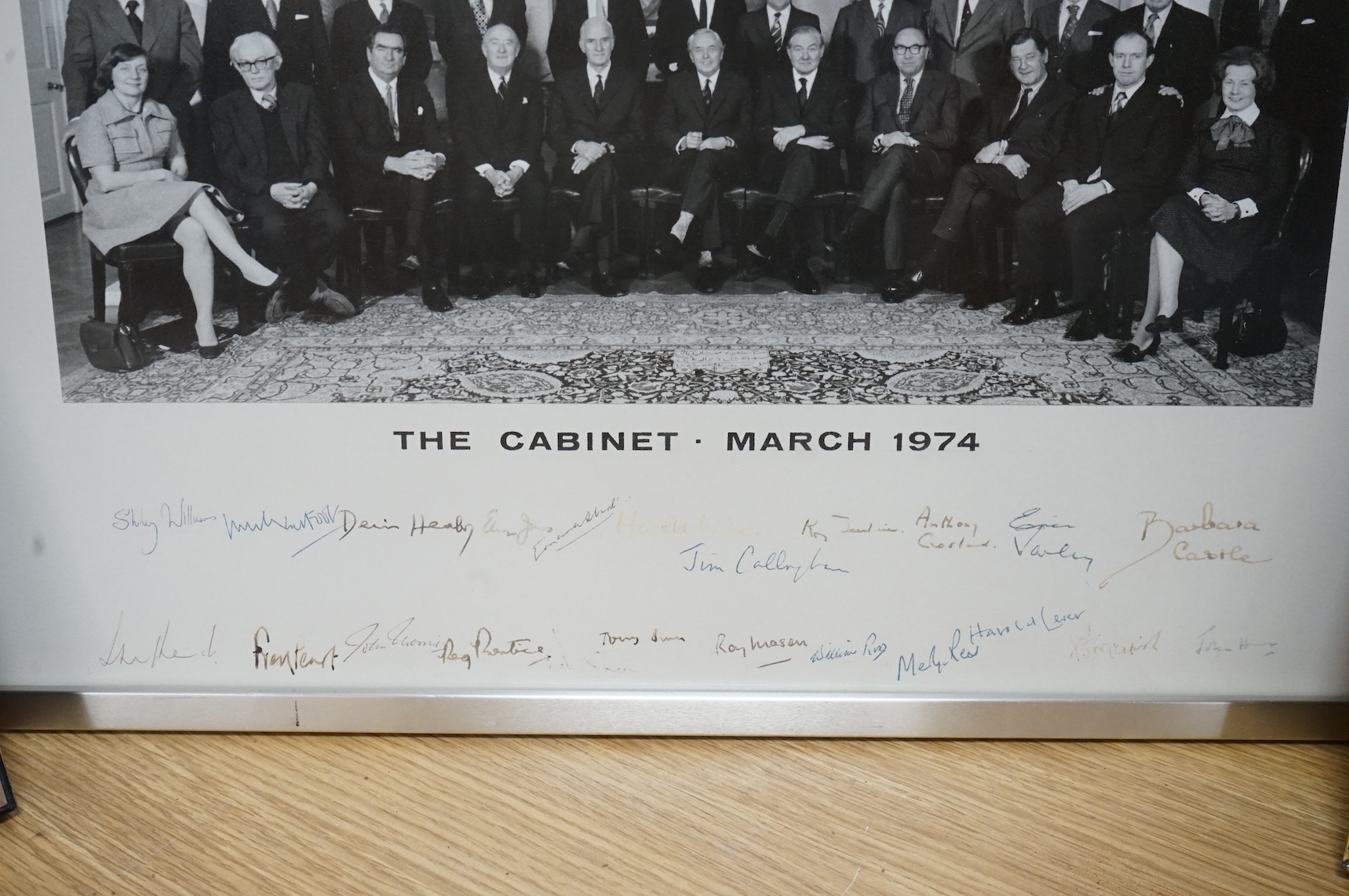 The Cabinet, March 1974, black and white photograph, signed by all The Sitters, (Harold Wilson’s government), seating plan and other photograph 45 x 52cm, and 1976 signed seating